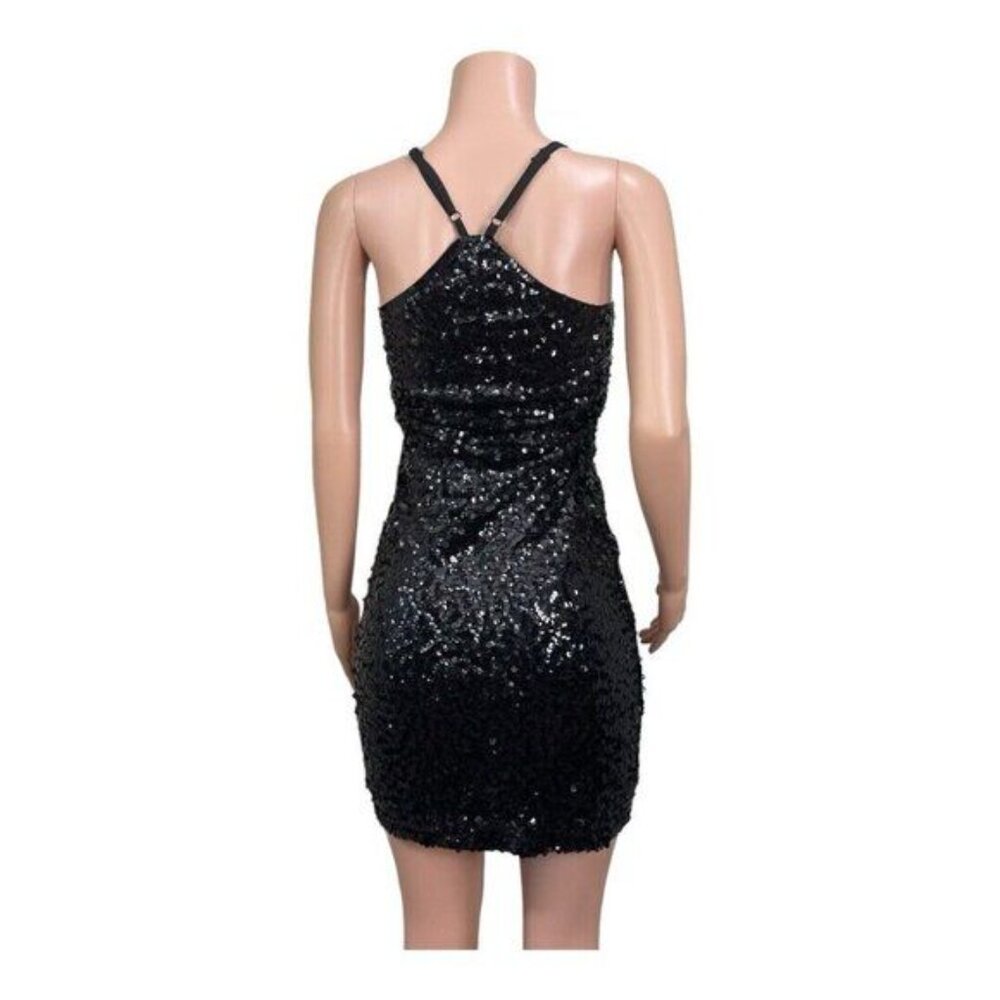 Black Sequin Mini Bodycon Dress With Adjustable Spaghetti Straps - Picture 7 of 13